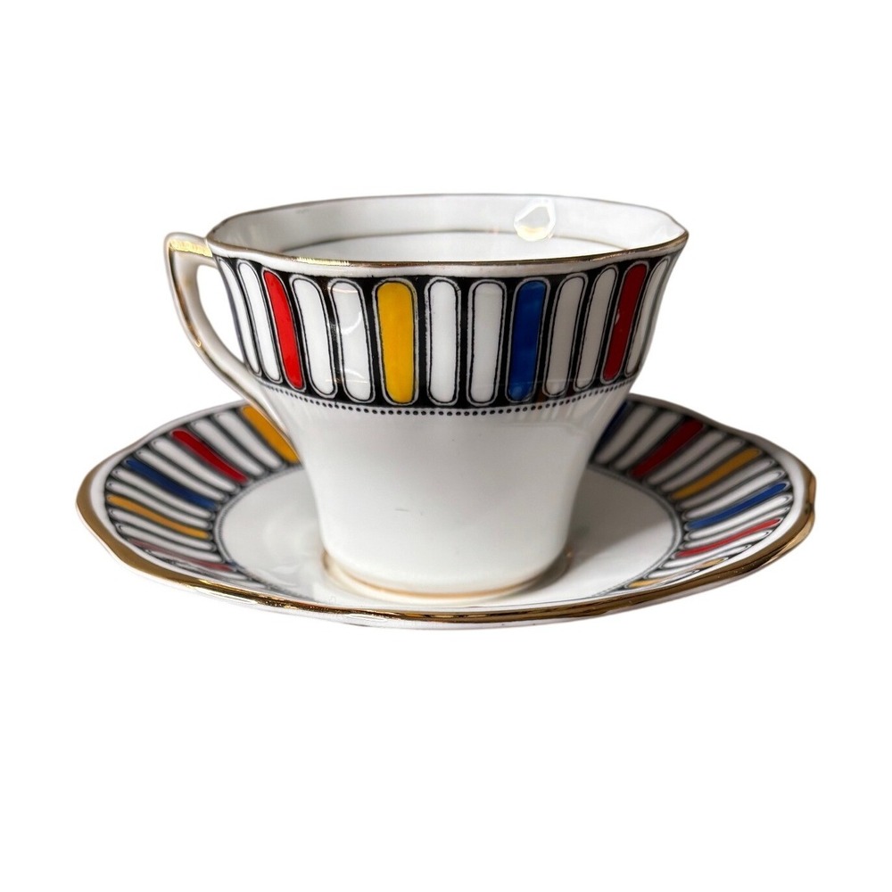 Vtg Rosina Bone China Teacup Saucer Set Art Deco Geometric Blocks Pattern‎ 4964